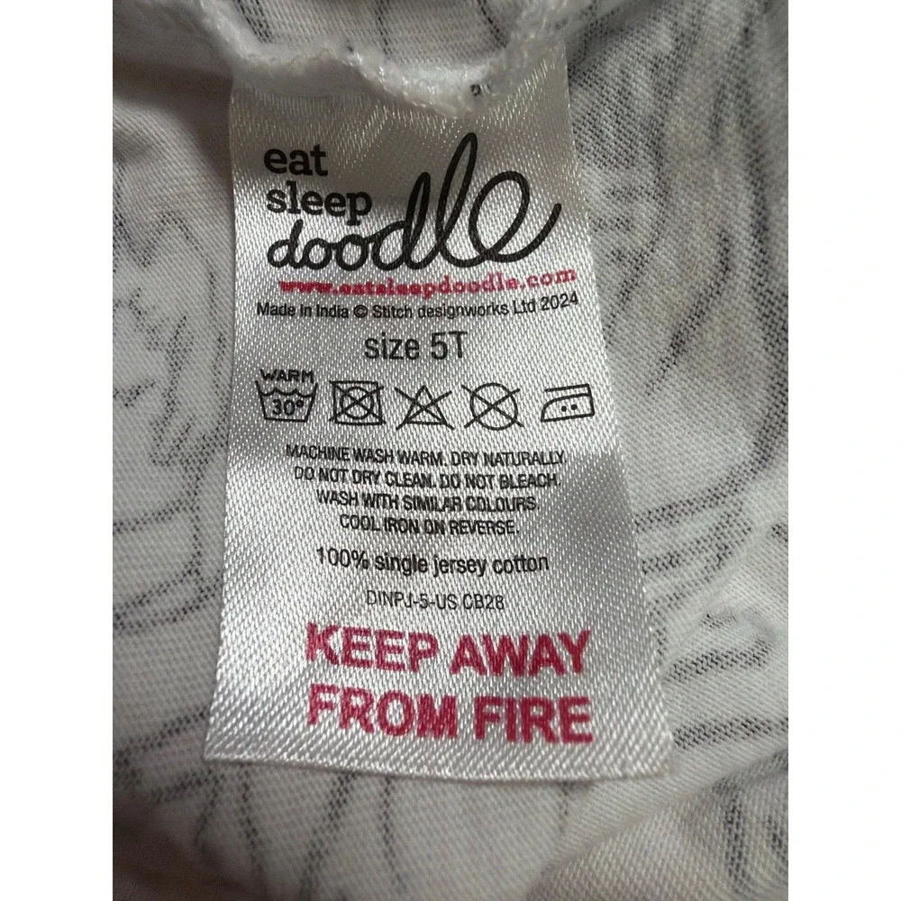 Eat Sleep Doodle Dinosaur Pajama Top Kids Size‎ 5T Black White Cotton